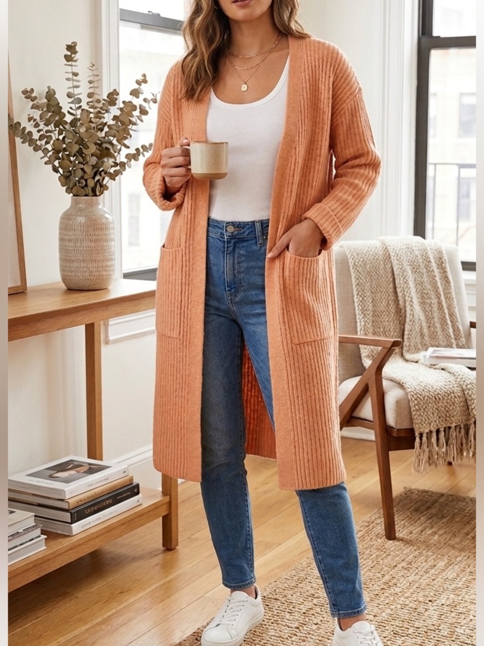 Coin 1804 Peachy Blush Rib Knit Long Cardigan - Picture 1 of 9